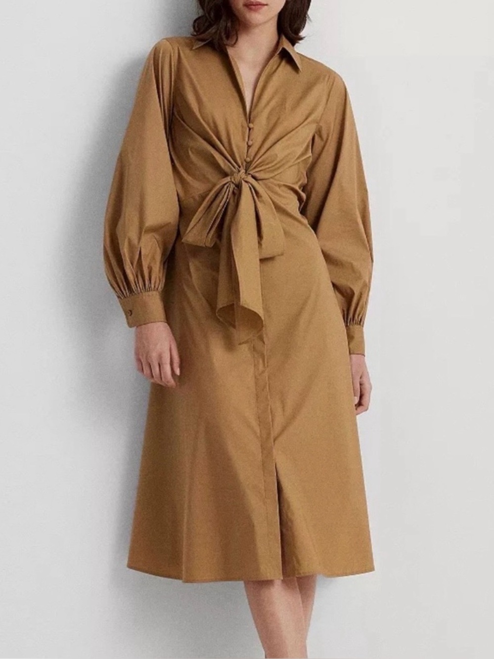 Ralph Lauren Women's Tan Tie-Front Midi Dress